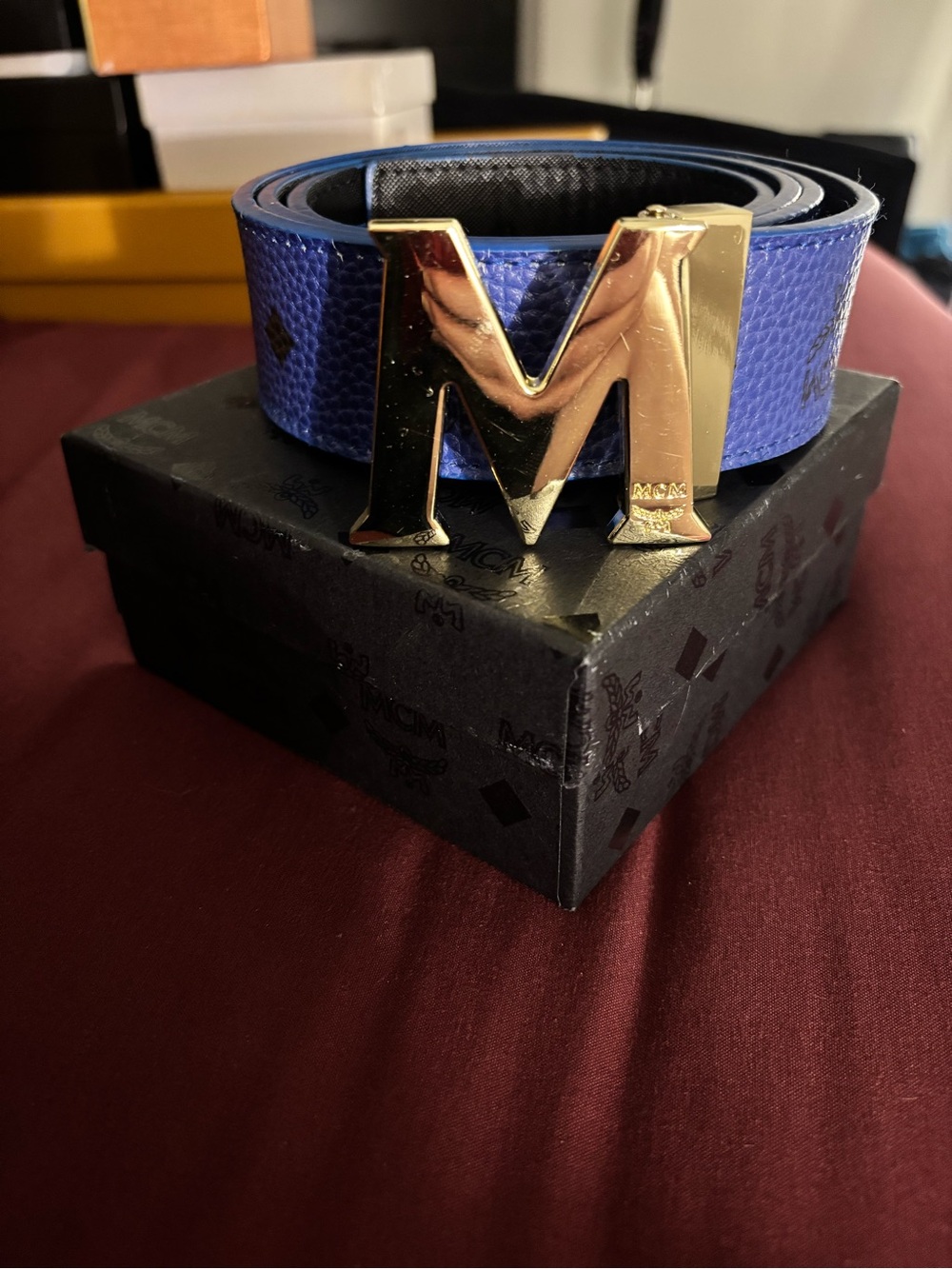 MCM Men’s Blue Logo Belt with Gold M Buckle